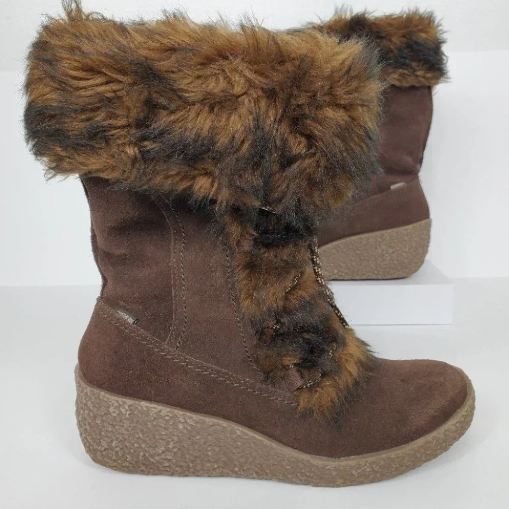 Brilliant Brown Leather Wedge Waterproof Boots Size 8M